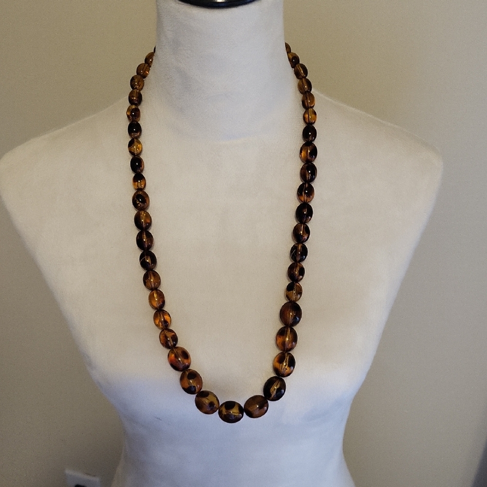 Vintage Monet Amber-Tortoise Resin Beaded Long Necklace